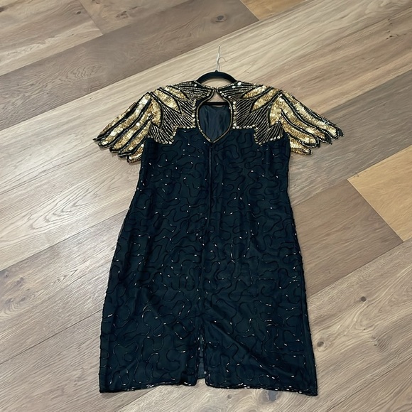 J.M.C Silk Vintage Stunning Black & Gold Beaded Sequin Sexy Evening Gown Size XL - Picture 10 of 11